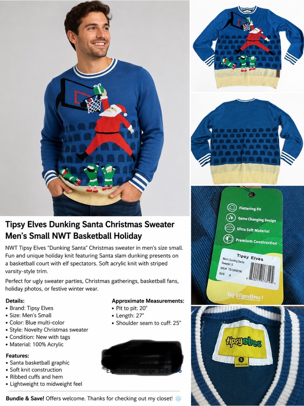 Tipsy Elves Dunking Santa Christmas Sweater Men’s Small NWT Basketball‎ Holiday